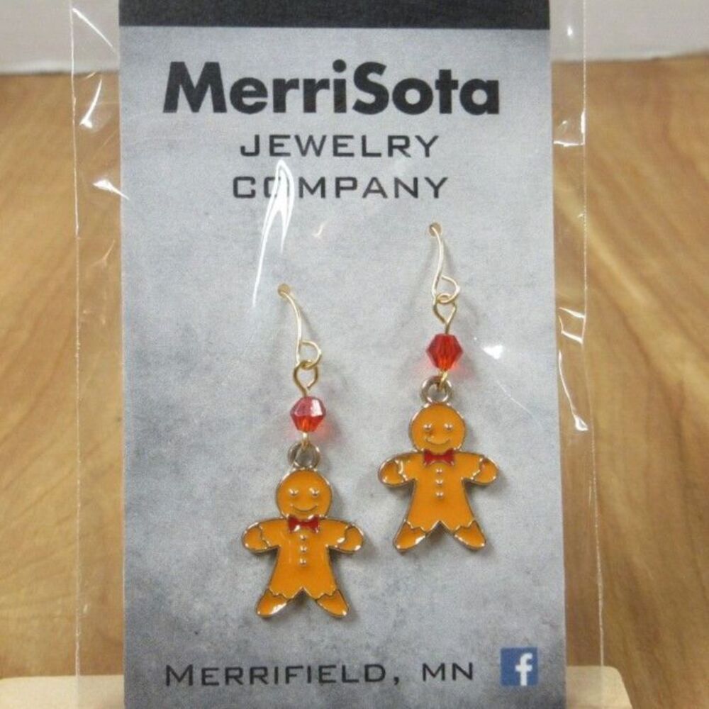 Gingerbread Handmade Christmas Holiday Earrings - Red Glass 18K GP Ear Wires‎